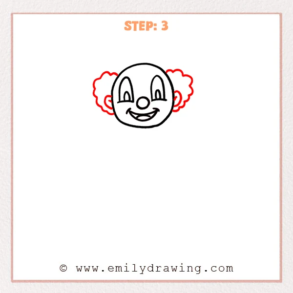how to draw a cartoon clown - The cartoon clown face now includes two small ears and fluffy, cloud-like hair shapes added on both sides of the head.